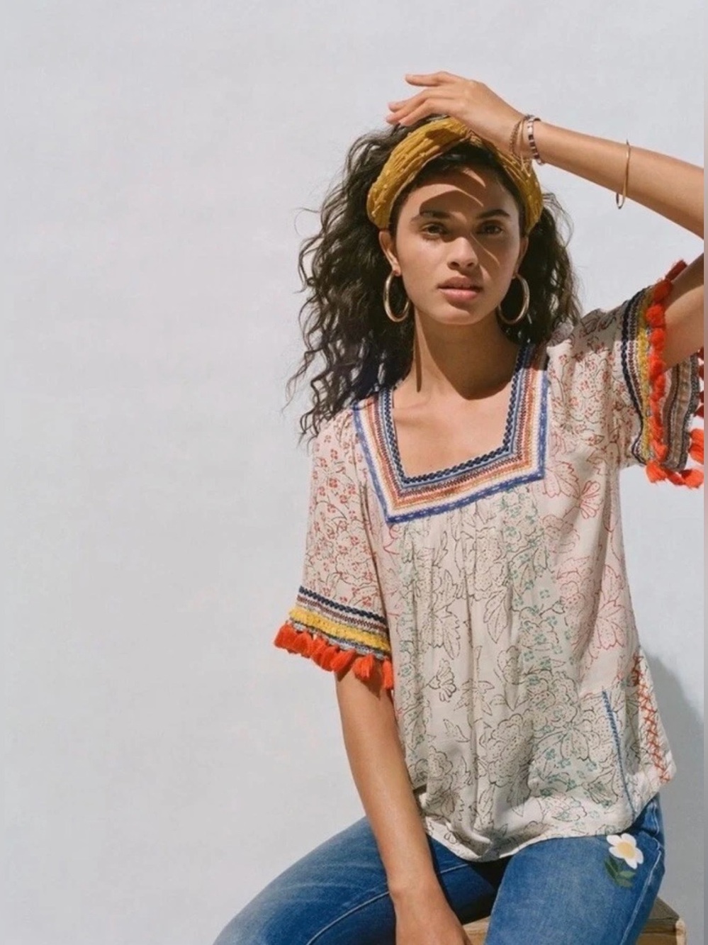 Anthropologie Maeve Paolina Tasseled Embroidered Blouse - Size Small